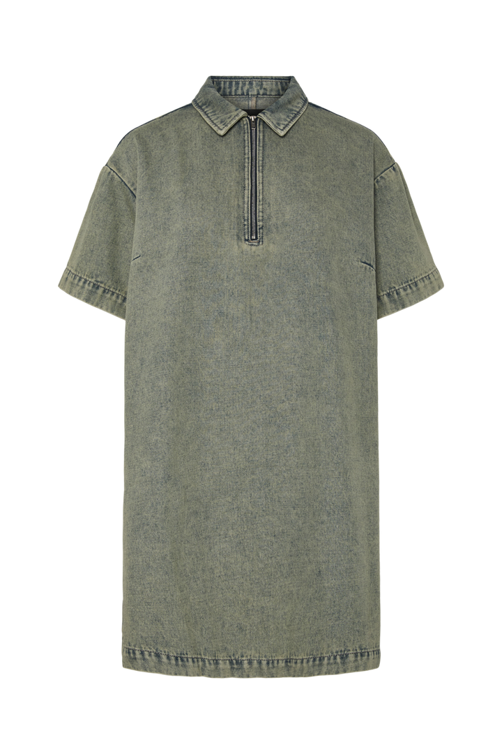 Pieces - Pcdria 3/4 Short Zip Denim Dress - 4823296 Deep Lichen Green Washed