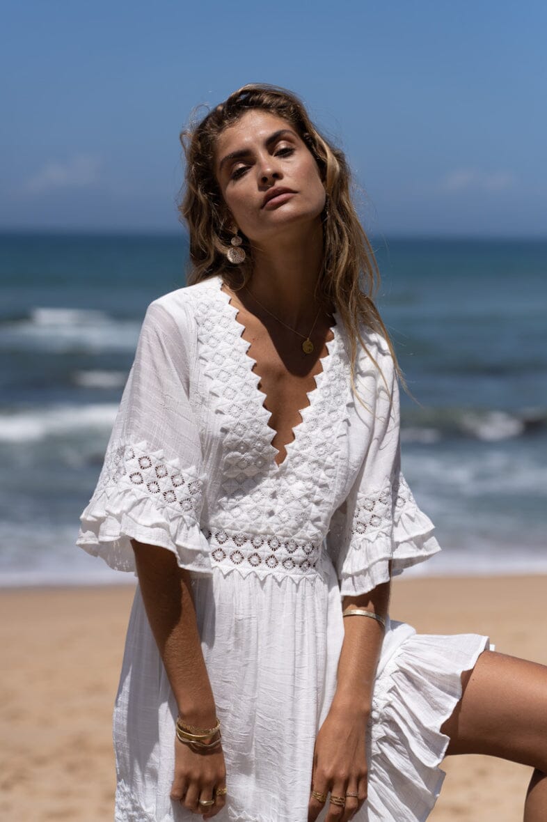 A-bee - Embroidered bohemian dress 12043GL - White Kjoler 