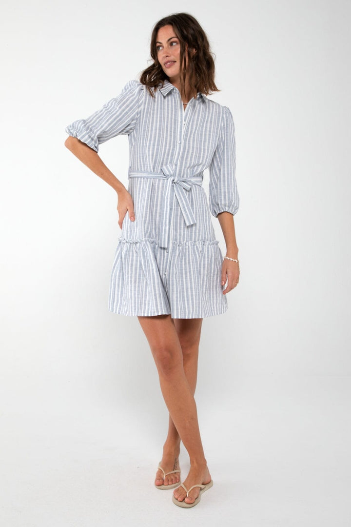 Forudbestilling - A-VIEW - Linen Stripe Dress - 091 Blue/White (Maj) Kjoler 