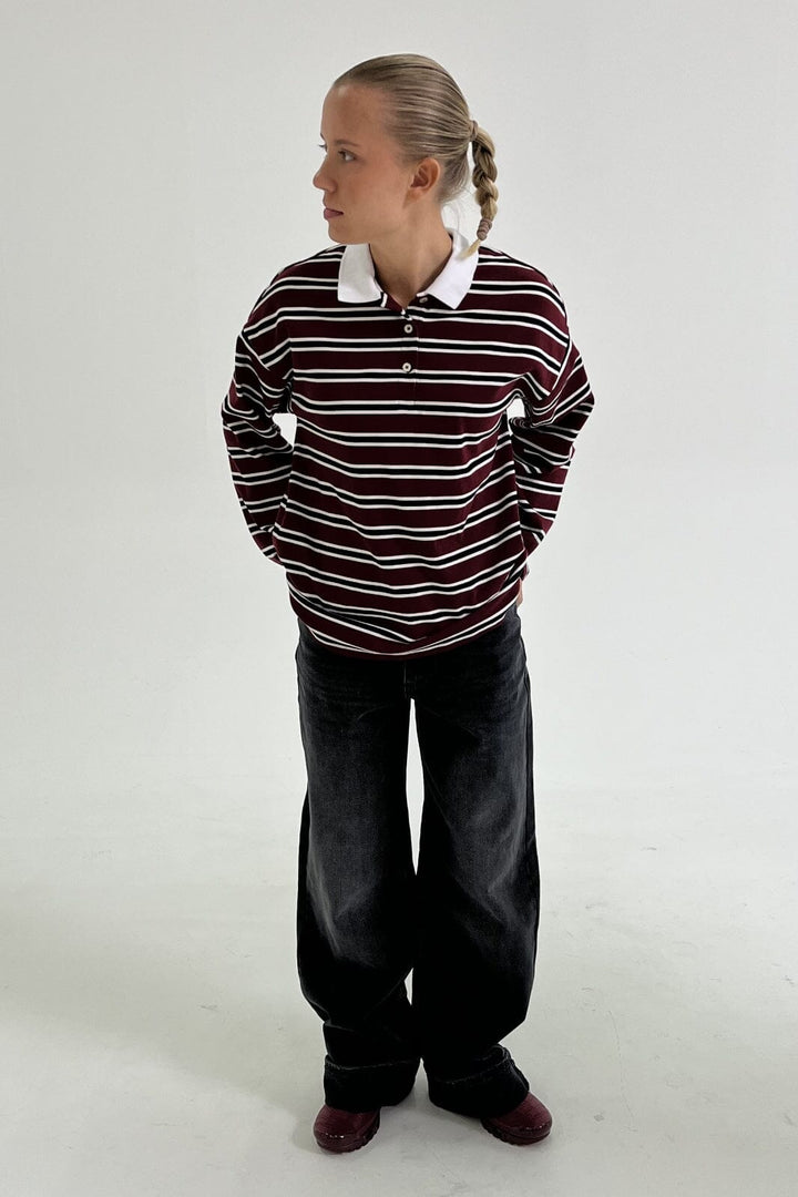 Forudbestilling - Only - Onllara L/S Stripe Polo Ub Swt - 4822700 Cabernet Black+White Sweatshirts 