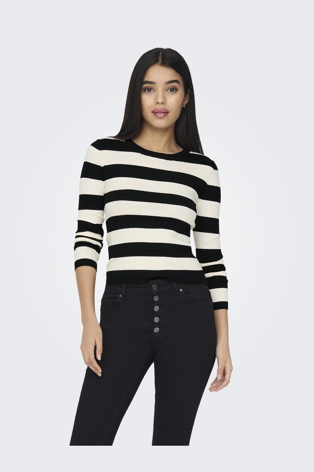 Jdy - Jdyplum L/S O-Neck Pullover Knt - 4149549 Black W Eggnog Stripes