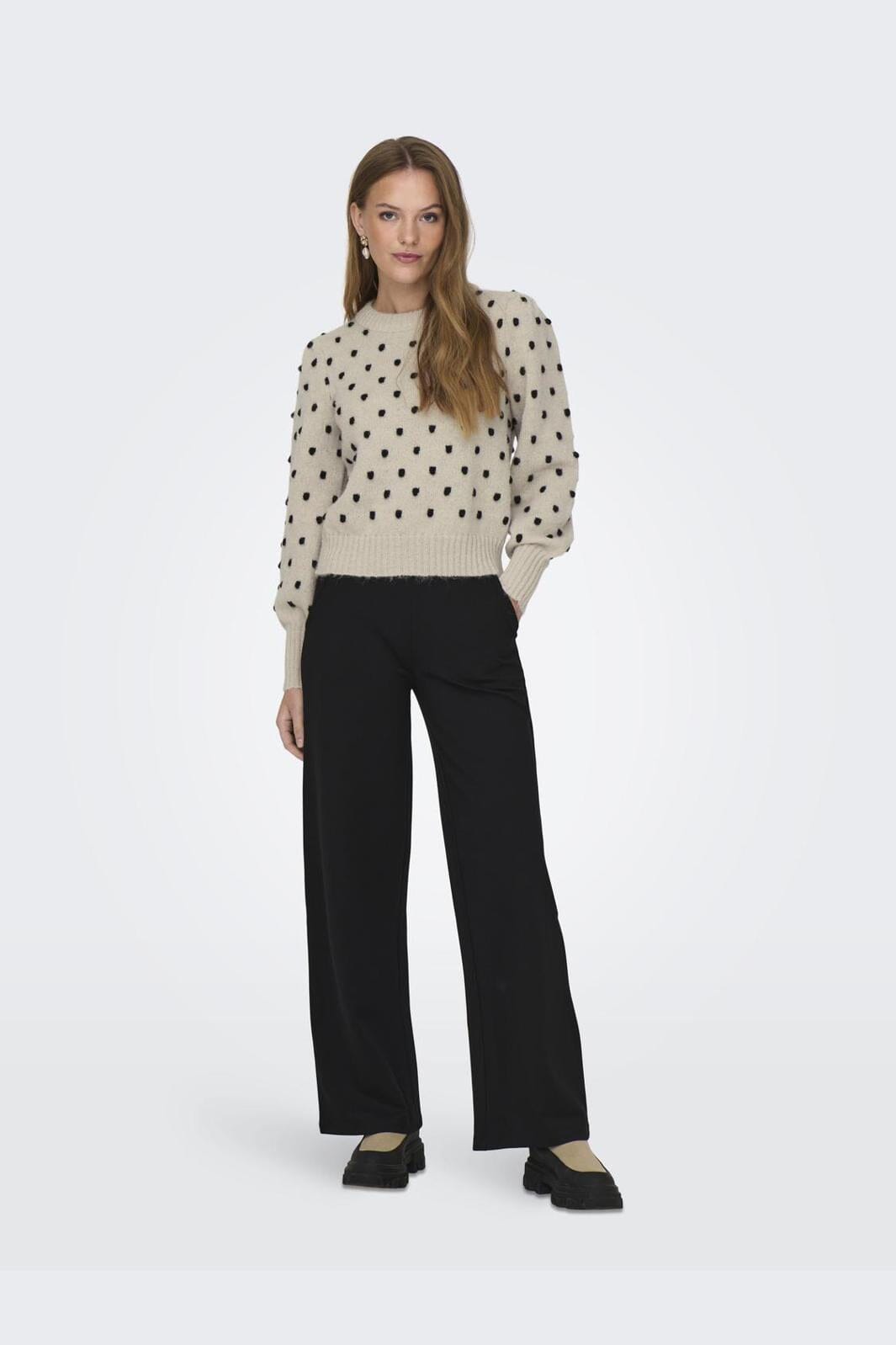 Jdy - Jdysigrid Life L/S On Puff Pull Knt - 4358569 Cement W. Black Dots