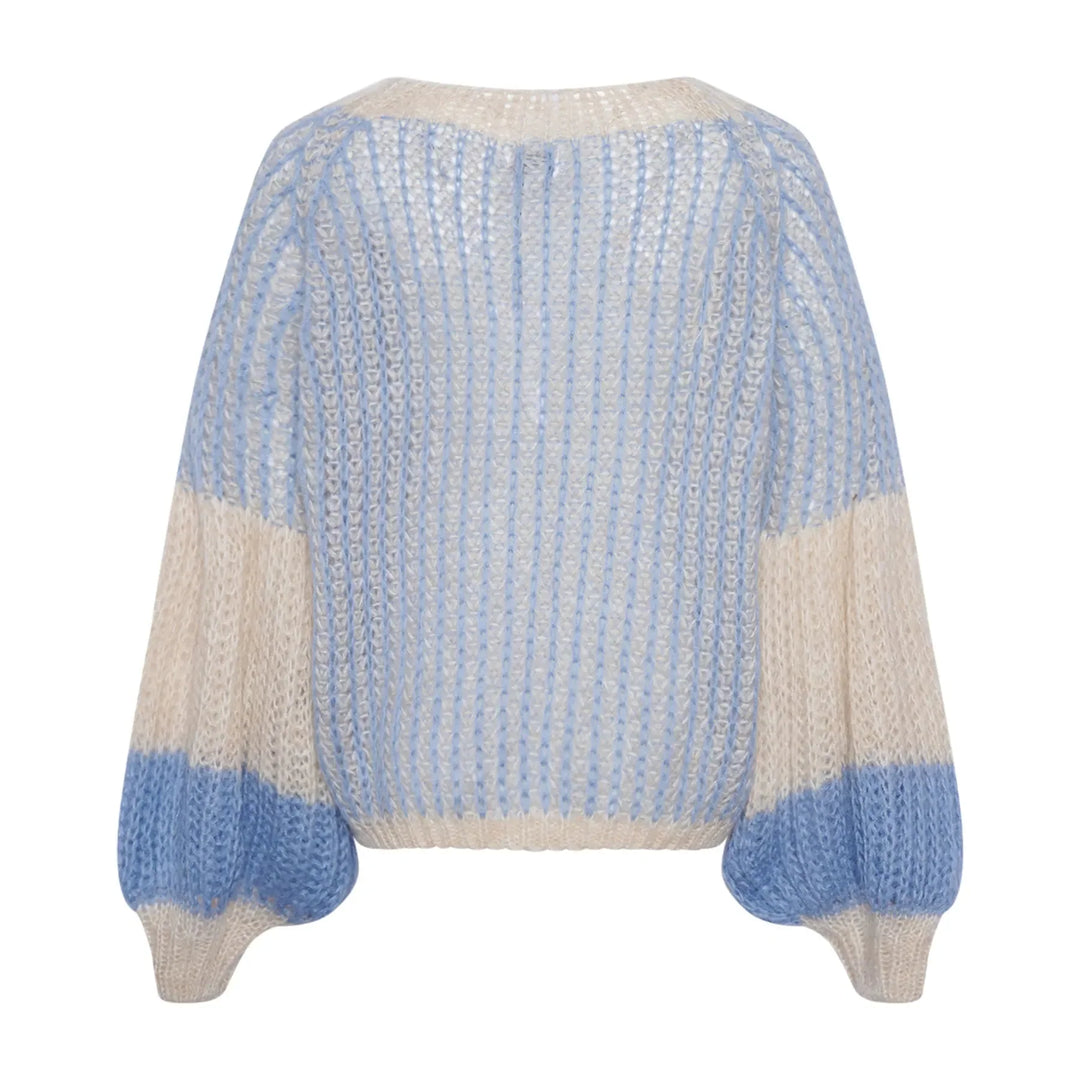 Noella - Liana Knit Sweater - 1036 Dusty Blue Cream Strikbluser 