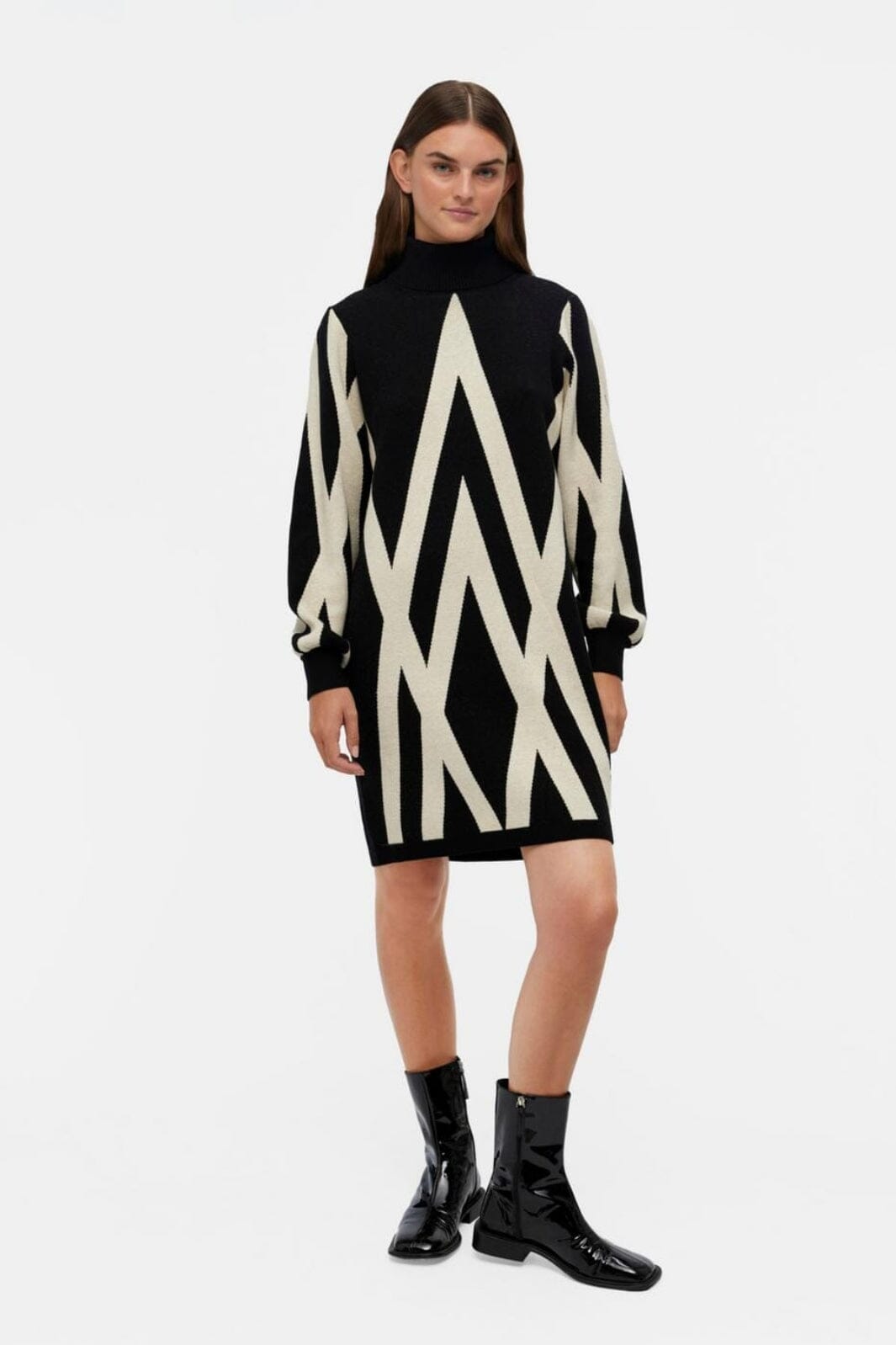 Object - Objray L/S Knit Rollneck Dress - 4415190 Black Sandshell Graphic Kjoler 