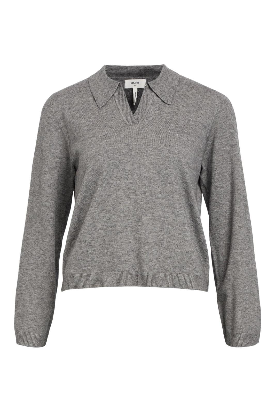 Object - Objthess L/S V-Neck Knit Polo - 4461694 Medium Grey Melange