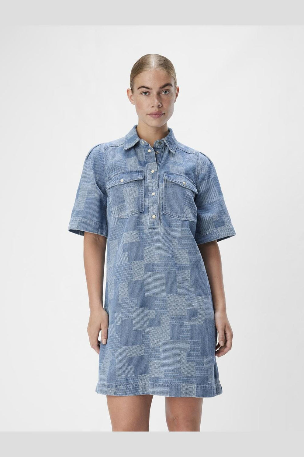 Object - Objylva 2/4 Re Shirt Dress 134 - 4565175 Light Blue Denim Squares