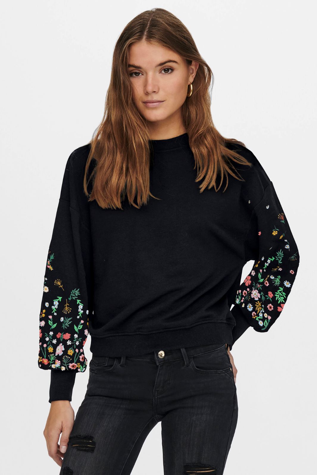 Only - Onlbrooke L/S O-Neck Flower Swt - 4236762 Black Sleeve Flower