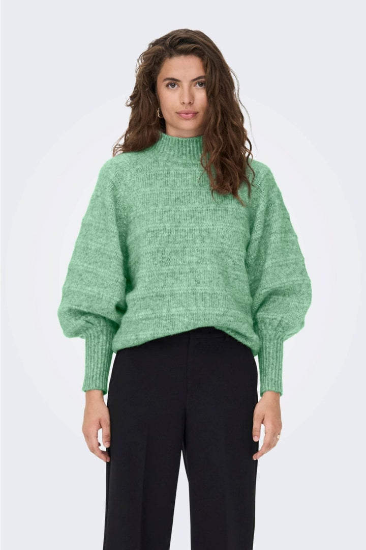 Only - Onlcelina Ls High Pullover Knt - 3970200 Green Bee W. Melange Strikbluser 