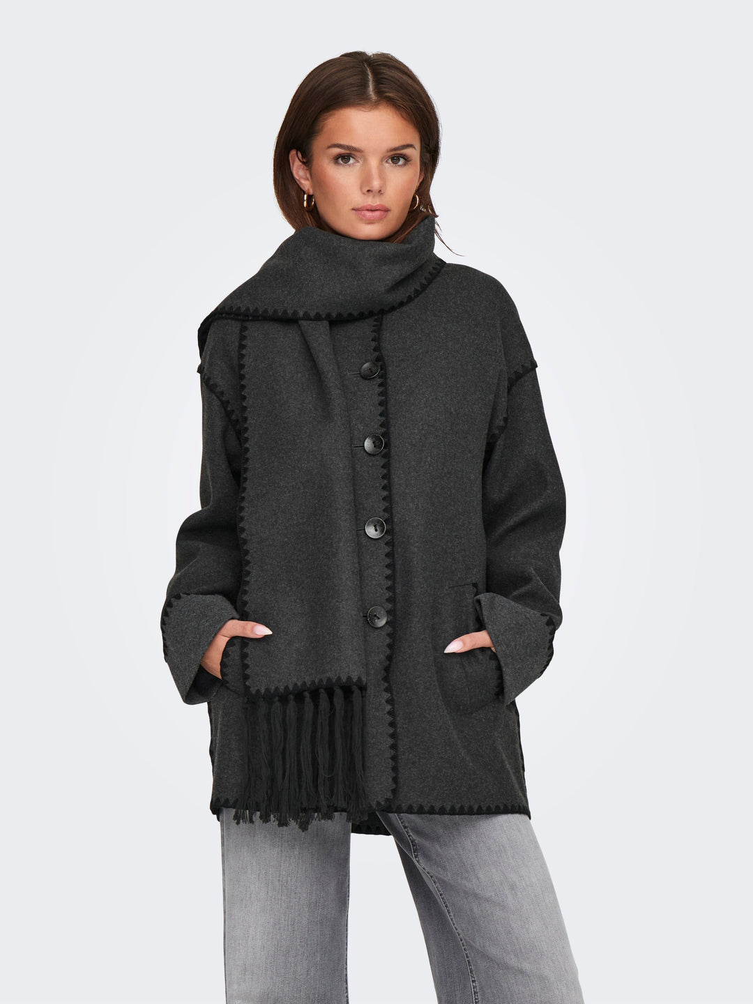 Only - Onlelba Life Scallop Edge Scarf Coat - 4608949 Dark Grey Melange Black Frakker 