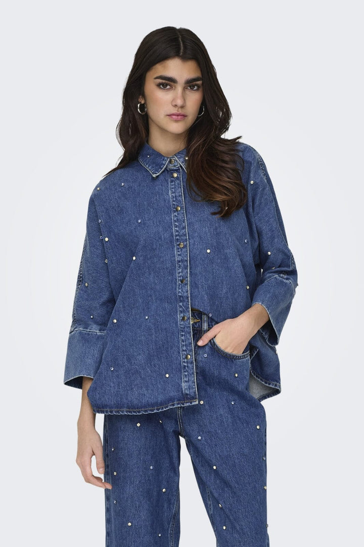 Only - Onlgrace Ls Rhinestone Shirt Cro - 4358961 Medium Blue Denim