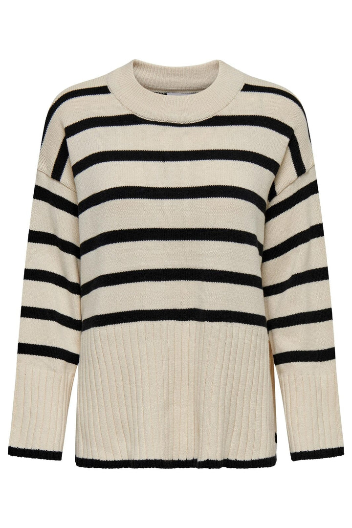 Only - Onlhella Ls Loose Striped O-Neck Cc Knt - 4377606 Birch Black Strikbluser 