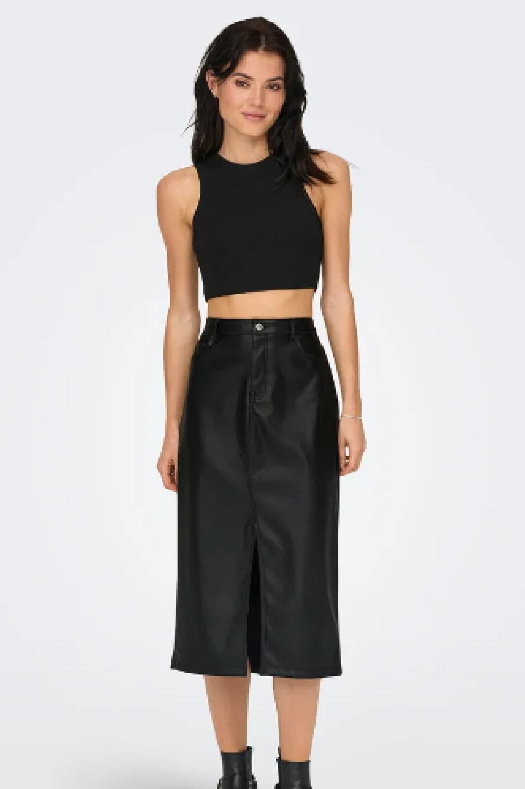 Only - Onlkiri Lo Slit Faux Lea Skirt Cc - 4512619 Black Nederdele 