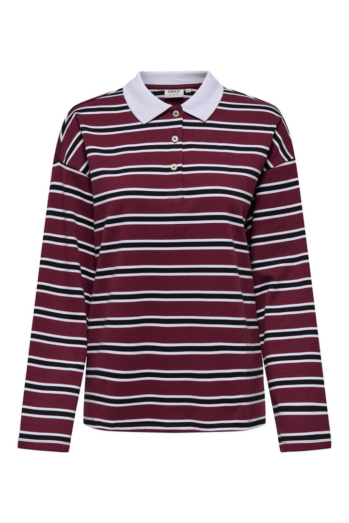 Only - Onllara L/S Stripe Polo Ub Swt - 4767189 Cabernet Vera (Black+White)