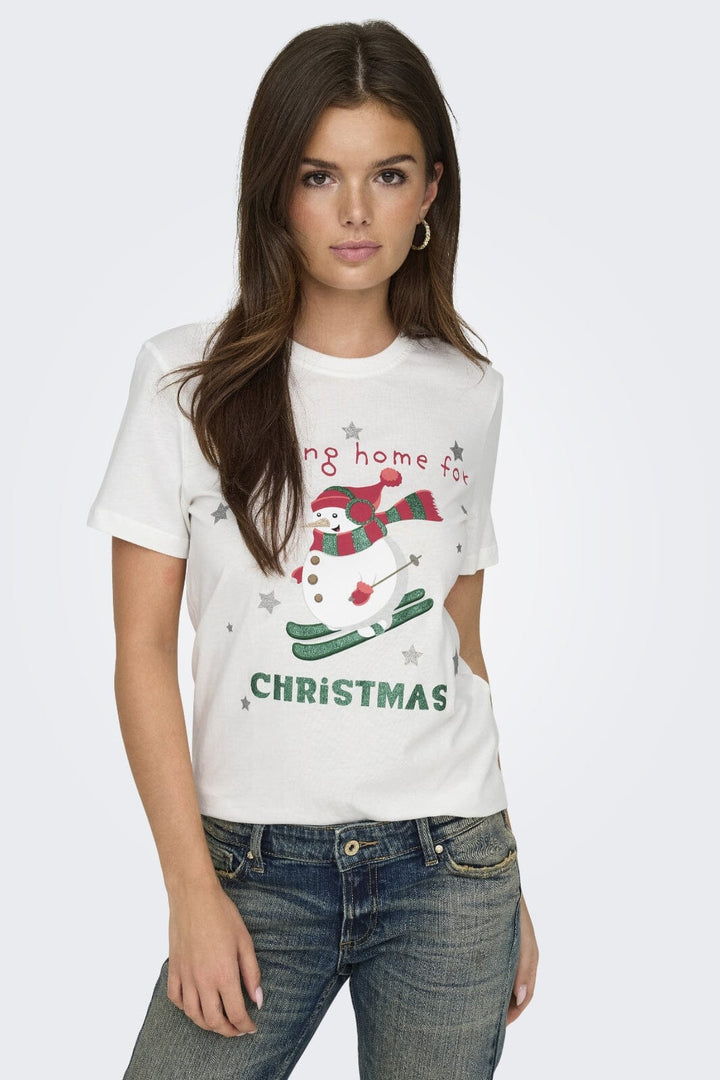 Only - Onlxmas Life Yrsa Christmas S/S Top - 4579230 Cloud Dancer Skiing Snowman T-shirts 