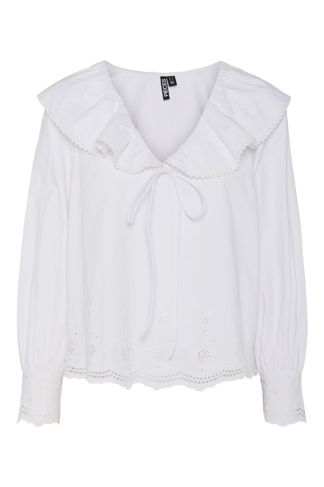 Pieces - Pcannabelle Ls V-Neck Frill Top - 4722958 Bright White Bright White Embroidery