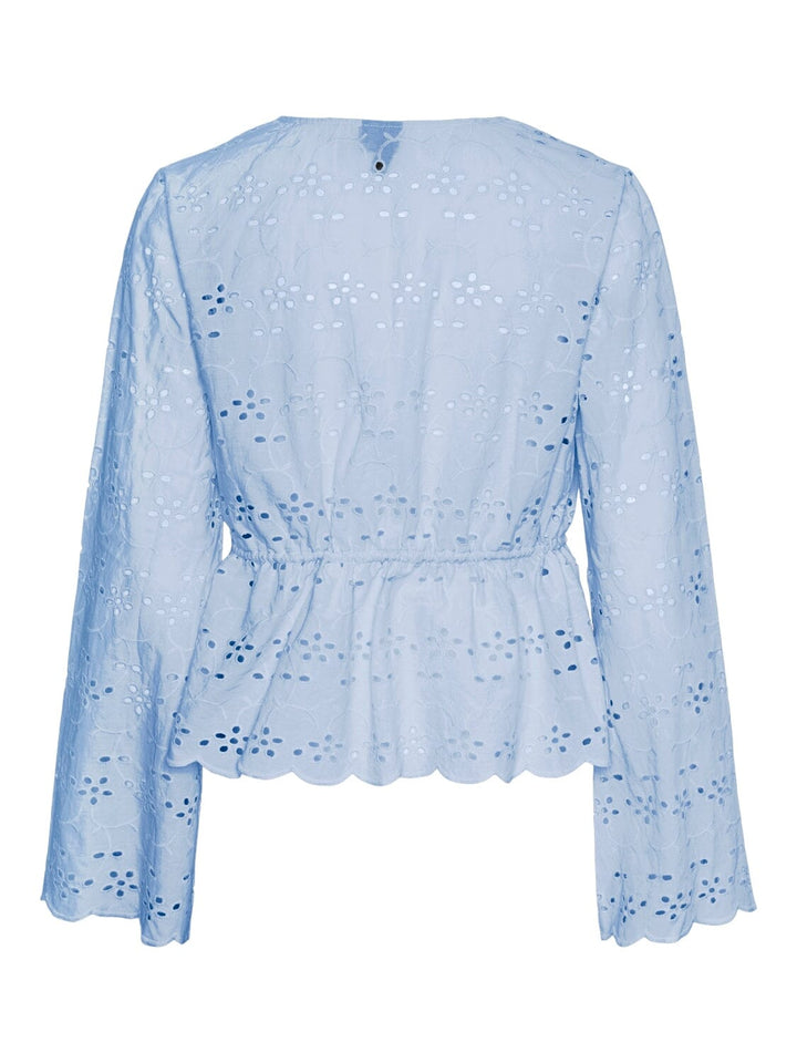 Pieces - Pcarmorine Ls Embroderi Tie Top - 4551465 Blue Bell Bluser 