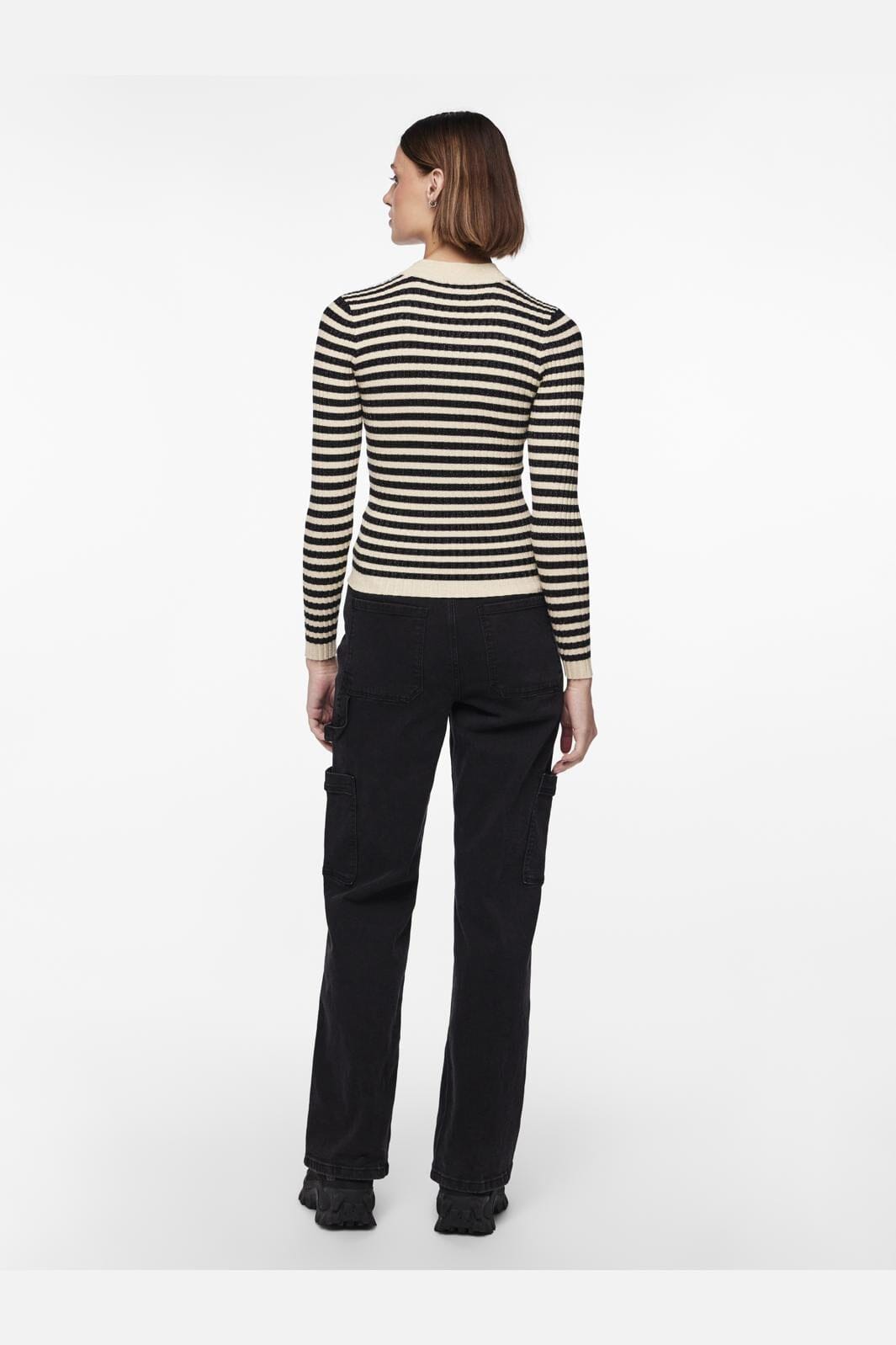 Pieces - Pccrista Ls Lurex O-Neck Knit Mm - 4546398 Birch Black Stripes / Gold Lurex