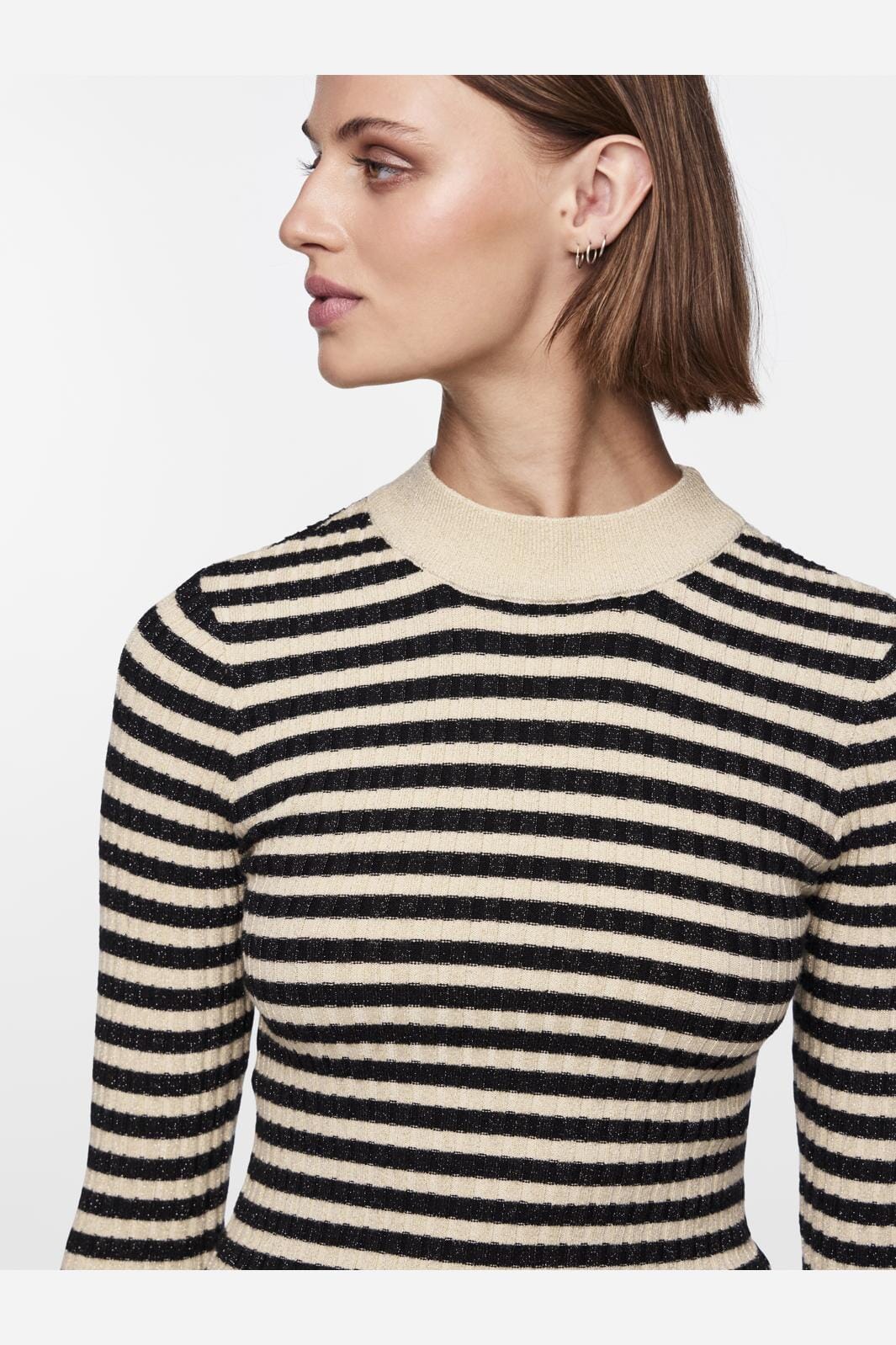 Pieces - Pccrista Ls Lurex O-Neck Knit Mm - 4546398 Birch Black Stripes / Gold Lurex