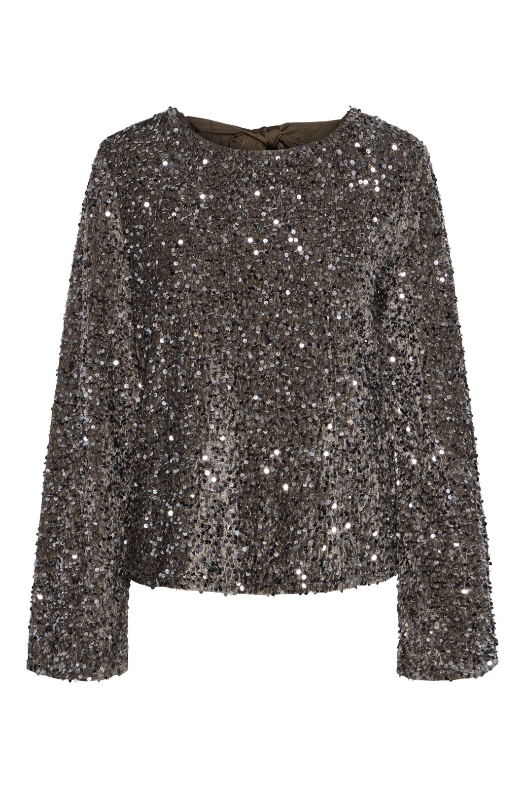 Pieces - Pckam Ls Deep Back Bow Top - 4641536 Morel Silver Sequins