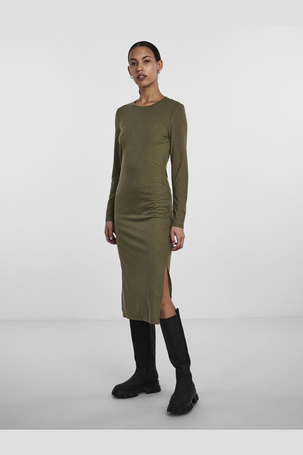 Pieces - Pckylie Ls O-Neck Midi Dress - 3935838 Deep Lichen Green