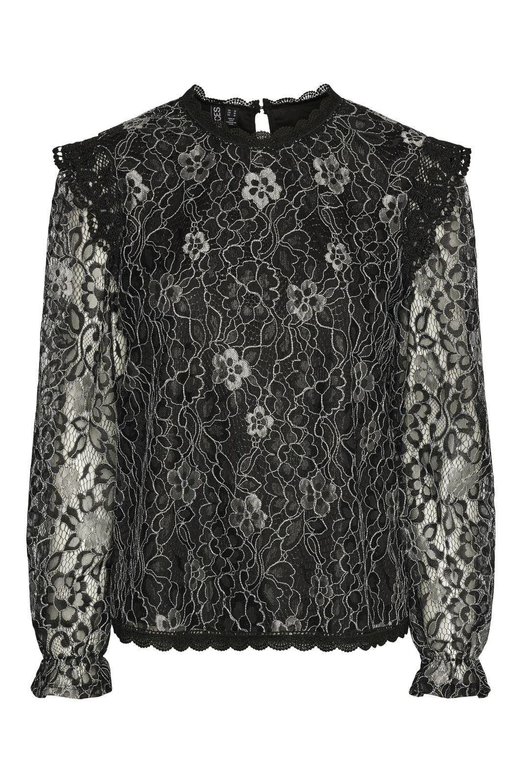 Pieces - Pcolline Ls Lurex Lace Top Mm - 4526950 Black Silver Lurex