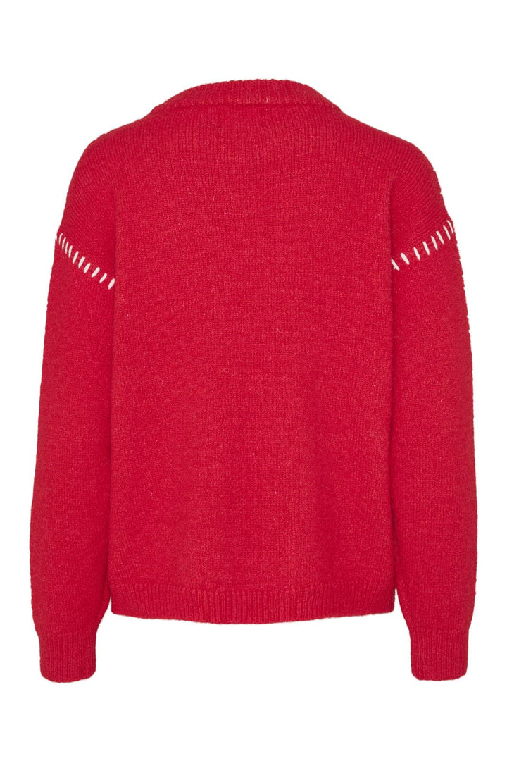 Pieces - Pcsilah Ls O-Neck Knit - 4722997 High Risk Red White Stitch