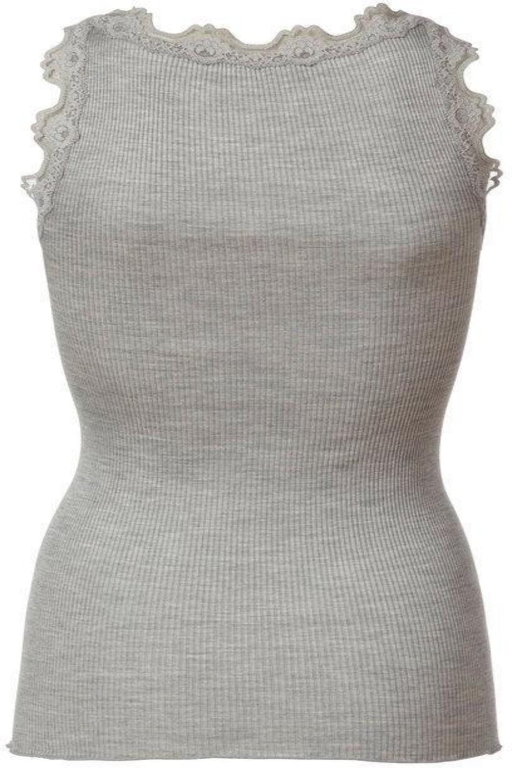 Rosemunde - Silk Top Regular w/ Vintage Lace - Light Grey Melange Toppe 