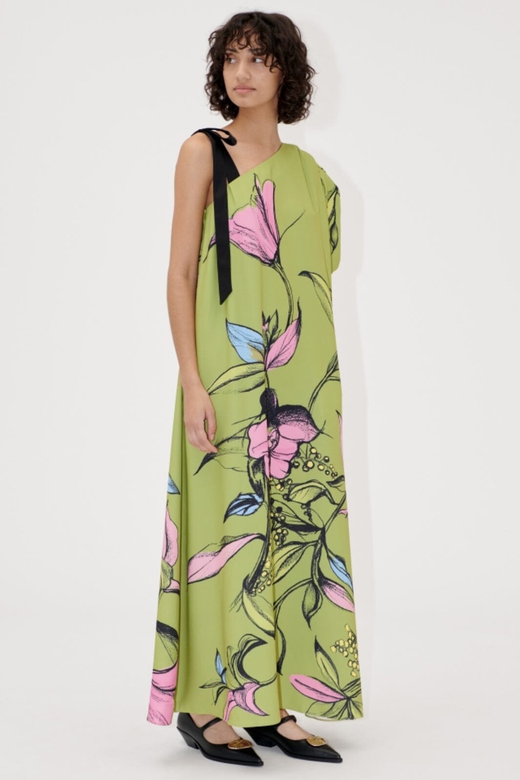 Stine Goya - 2132 Crepe/satin, One Sleeve Maxi Dress W/ Bow Strapsg-ss25-d101-2132 - Pencil Garden