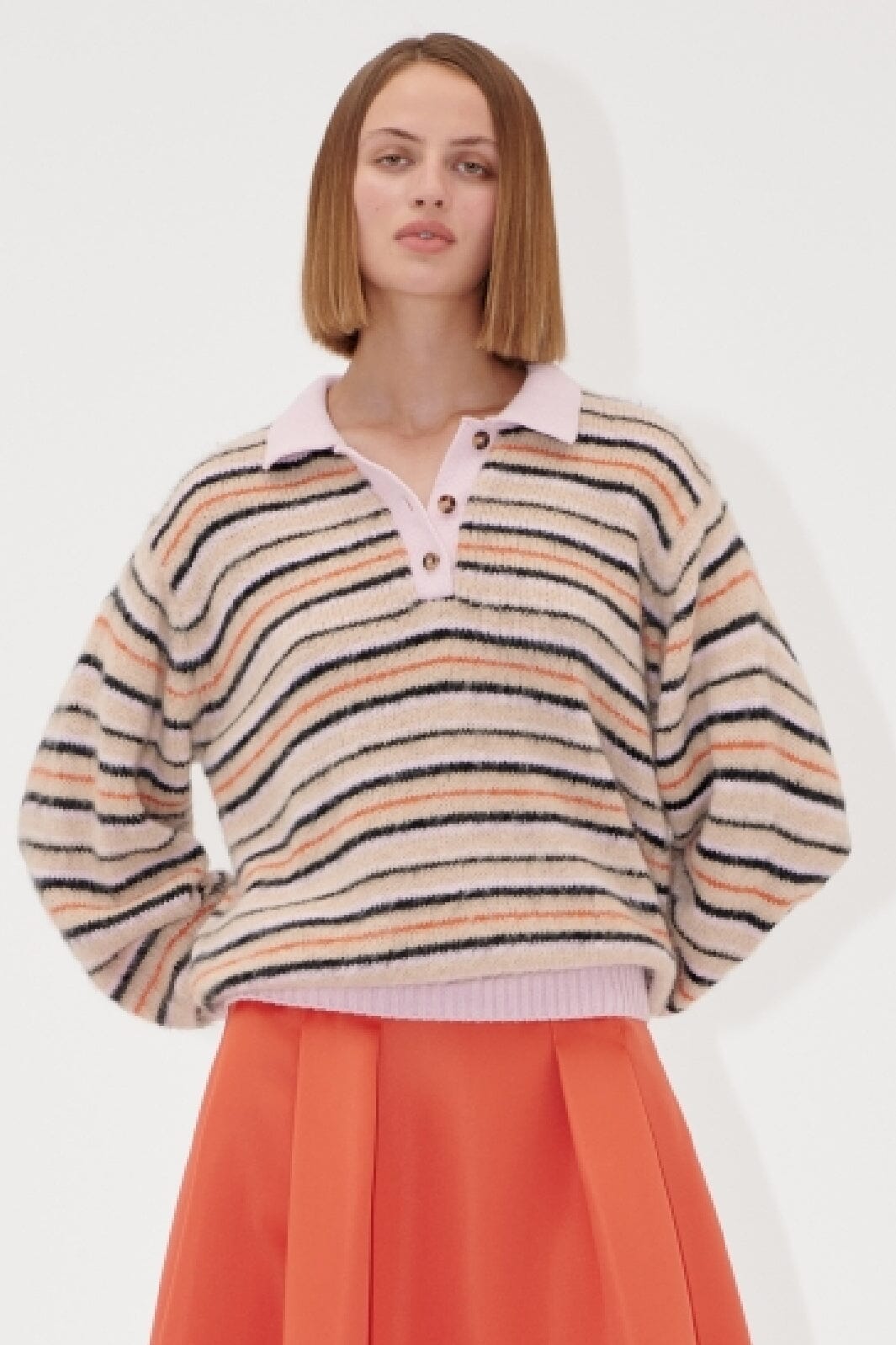 Stine Goya - 2328 Alpaca Cotton, Long Sleeve Knit Polo sg-ss25-k030-2328 - Alpaca Cream Stripes