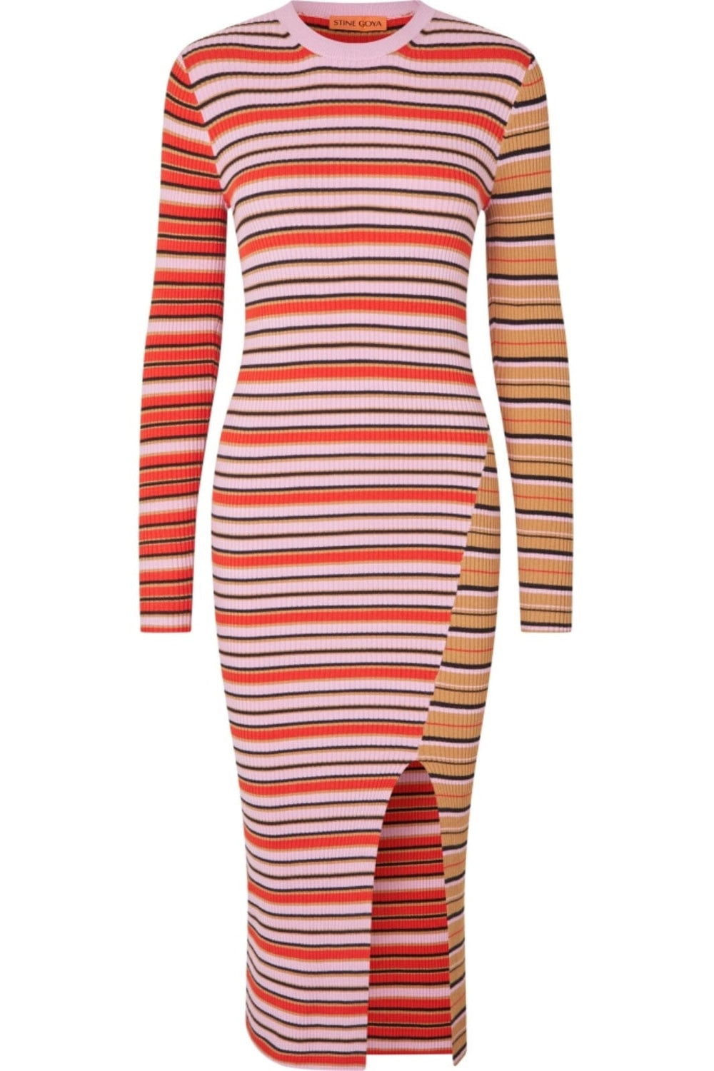 Stine Goya - 2356 Soft Rib, Long Sleeve Knit Dress W/ Slit sg-ss25-d118-2356 - Cream Stripes / Pink Stripes